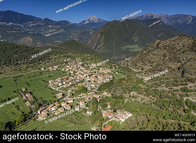 Aerial view of the town of Sant Juliá  de Cerdanyola and the Alt Berguedá  region. In the background, the Pedraforca massif (Berguedá , Barcelona, Catalonia