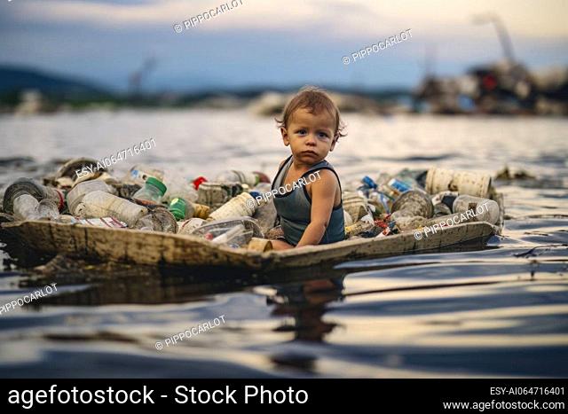Rome, Italy 10 july 2023: A Caucasian boy sails in a boat filled with trash, symbolizing environmental pollution