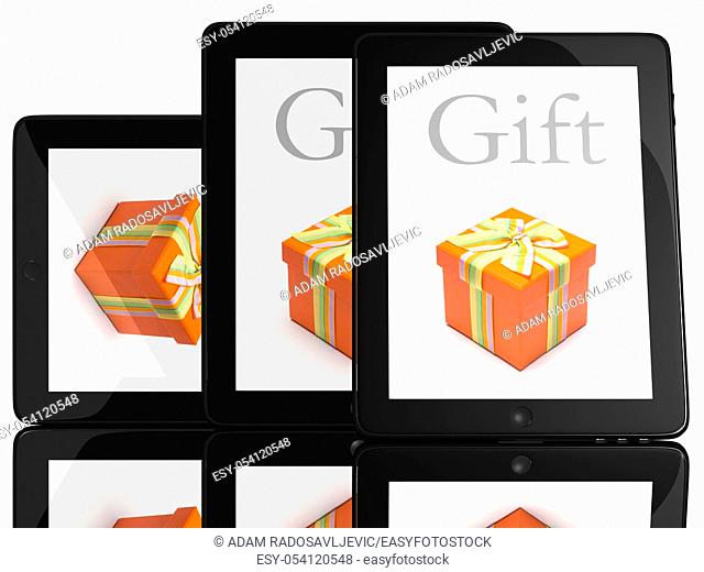 Gift on screen of teblet computer 3D model isolated on white