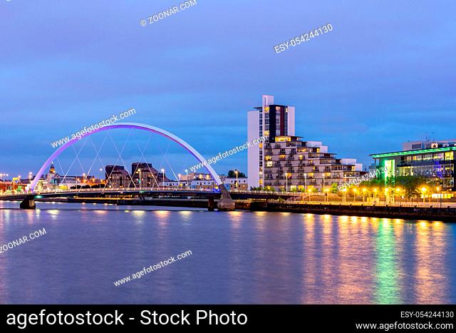Clyde Arc Bridge along River Clyde Sunset twilight at Glasgow city Scotland UK