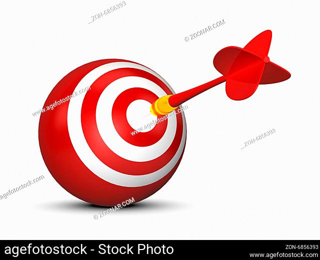 Red sphere target with white stripes and plastic dart arrow, isolated on white background