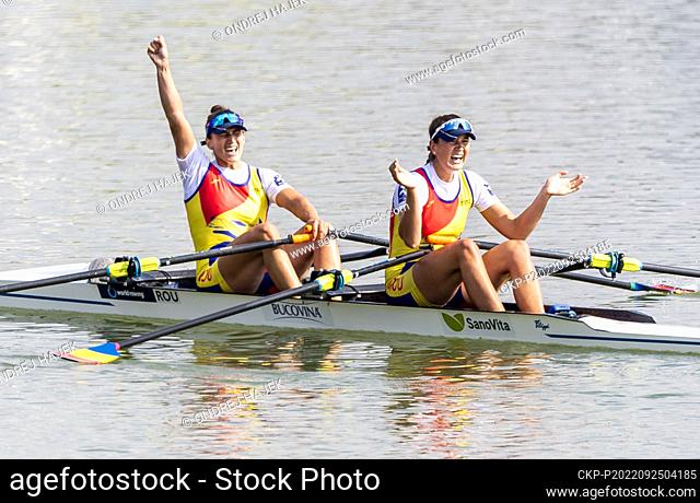 Ancuta Bodnar, Simona Radis of Romania won the Women's Double Sculls Final A during Day 8 of the 2022 World Rowing Championships at the Labe Arena Racice on...