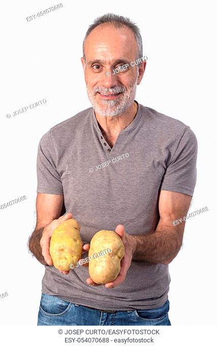 portrait of a man with potatoes on white background