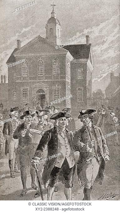 Delegates leaving Carpenter's Hall, Philadelphia, Pennsylvania, after a session. From The History of Our Country, published 1900