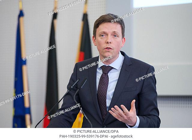 25 March 2019, Saarland, Saarbrücken: Tobias Hans (CDU), Prime Minister of Saarland, speaks at the 17th Summit of the Greater Region