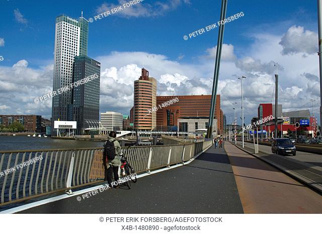 Erasmusbrug bridge with view to Kop van Zuid district Rotterdam the province of South Holland the Netherlands Europe