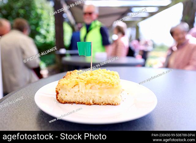 30 April 2023, North Rhine-Westphalia, Solingen: A piece of ""death cake"" with a green flag on a plate can be seen in the Solingen Botanical Garden