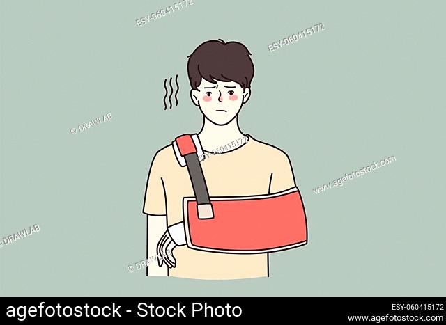 Injury and physical problem concept. Young sad frustrated man cartoon character standing with injured arm feeling unhappy vector illustration