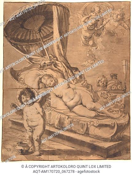 Venus and Cupid (r); Studies of a Woman (v.), 1620â€“60, Pen and brown ink, brown wash and lead white heightening; framing lines in brown ink