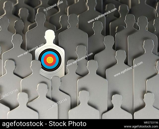 Backgound from shapes of people with target one. Concept for human resources and recruitment. 3d illustration