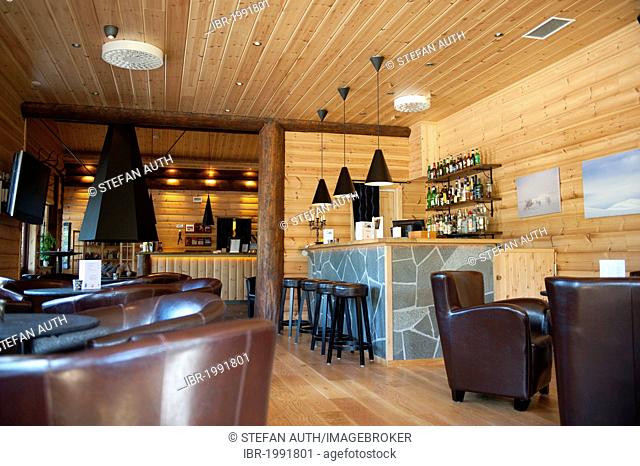 Reception and piano bar with leather armchairs, Storsaetra Fjaellhotell Hotel, near Groevelsjoen, Dalarna province, Sweden, Scandinavia, Northern Europe, Europe
