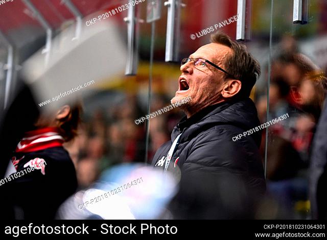 ***FILE PHOTO*** Ice hockey coach Miroslav Frycer of HC Orli Znojmo reacts during a match in Znojmo, Czech Republic, on October 23, 2018