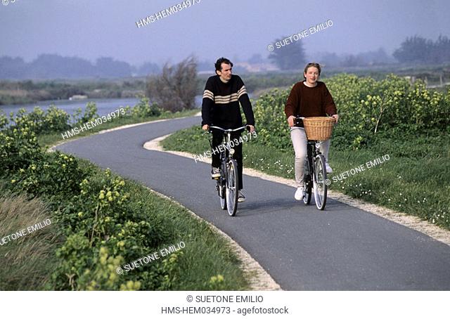 France, Charente-Maritime (17), couple riding bikes on Ile de Ré (Model Release OK) in Lilleau-des-Liges reserve