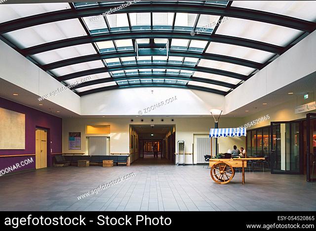 October 2018. Germany Helios Klinikum Krefeld. Interior hospital inside. Spacious deserted corridors of station, floor of new hospital, German European medicine