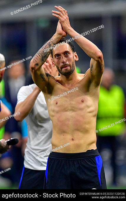Milano, Italy. 16th, May 2023. Hakan Calhanoglu of Inter seen after the UEFA Champions League match between Inter and AC Milan at Giuseppe Meazza in Milano