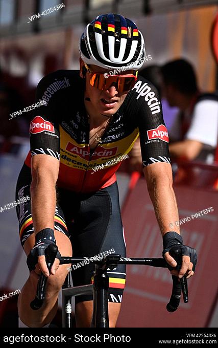 Belgian Tim Merlier of Alpecin-Fenix crosses the finish line of stage 13 of the 2022 edition of the 'Vuelta a Espana', Tour of Spain cycling race