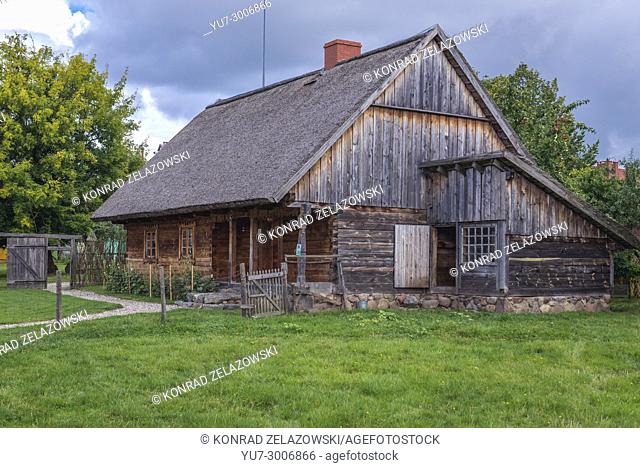 Wooden traditional cottage in Museum of Folk Culture in Wegorzewo town, Warmian-Masurian Voivodeship of Poland