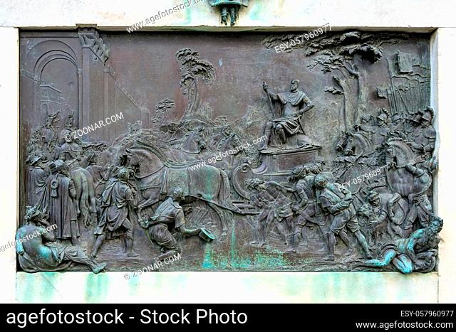 FLORENCE, TUSCANY/ITALY - OCTOBER 19 : Bas-relief panel on the pedestal of the Equestrian monument to Cosimo I de' Medici , 1598, bronze