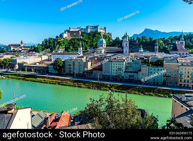 Historic centre of the city of Salzburg, a World Heritage Site viewed from the other side of the Salzach river