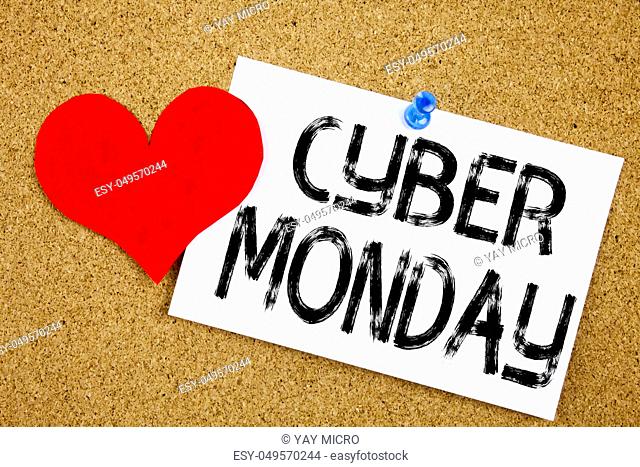 Conceptual hand writing text caption inspiration showing Cyber Monday concept for Retail Shop Discount and Love written on sticky note