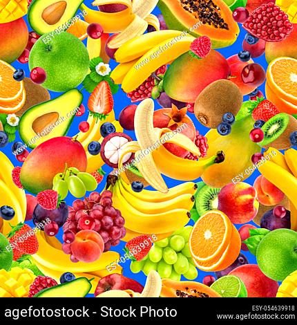 Tropical fruits seamless pattern, falling exotic fruits isolated on blue colour background