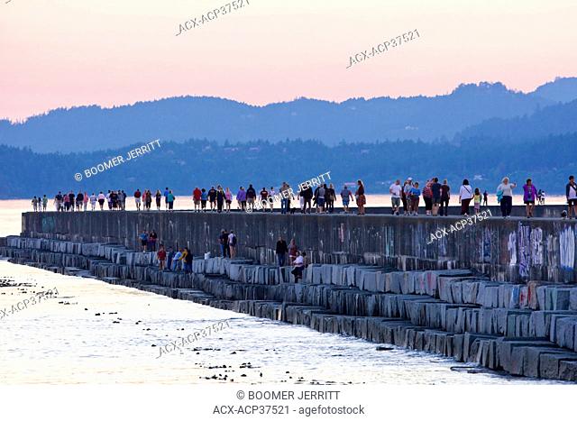 People stroll along the Ogden Point waterbreak during the evening in Victoria's harbour. Victoria, Vancouver Island, British Columbia, Canada