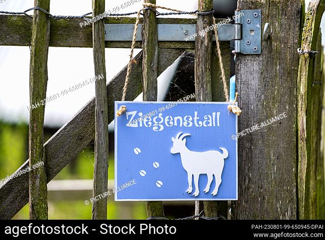 PRODUCTION - 28 June 2023, Lower Saxony, Bargstedt: ""Goat stable"" is written on a sign at ""Helping Animals - Center for Animal Assisted Therapy & Pedagogy""...