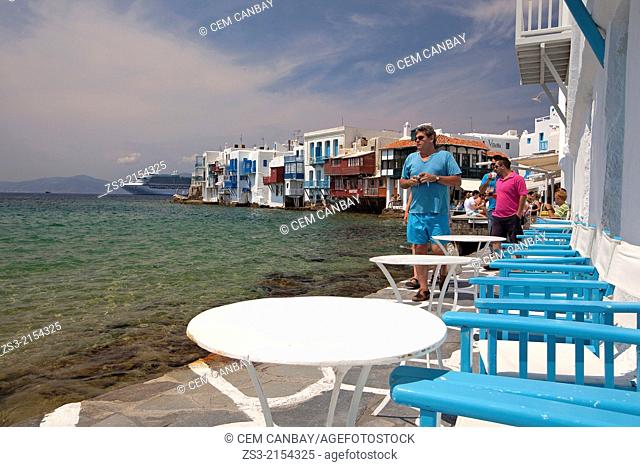 Tourists at Little Venice district, Mykonos, Cyclades Islands, Greek Islands, Greece, Europe