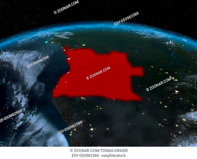 Satellite night view of Angola highlighted in red on planet Earth with clouds. 3D illustration. Elements of this image furnished by NASA