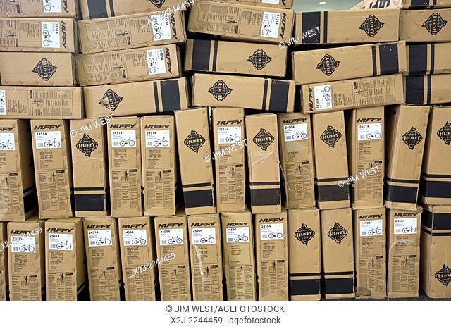 Southfield, Michigan - Boxes of Huffy bicycles stacked for volunteers to assemble for children. The bicycles were distributed to children in foster care or...