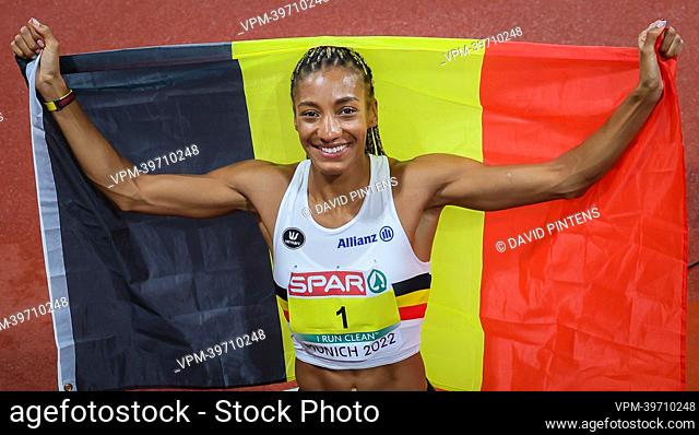 Belgian Nafissatou Nafi Thiam celebrates after winning the women's heptathlon competition at the European Championships athletics, at Munich 2022, Germany