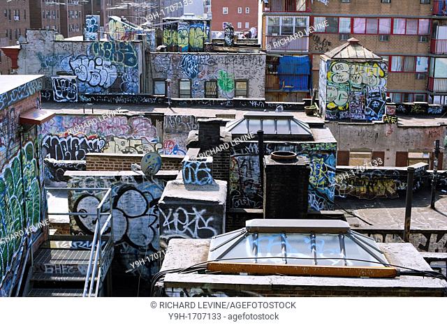 Rooftops in the New York neighborhood of Chinatown are covered with graffiti