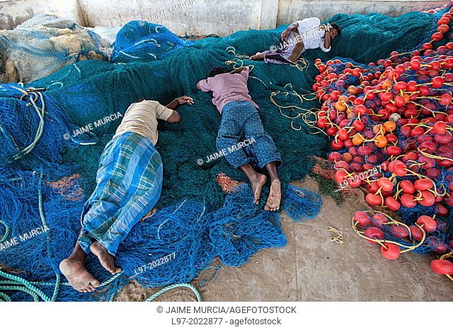 Fishermen sleep on their nets after returning from fishing in the Bay of Bengal, Tamil Nadu state, South India