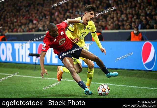 Lille's Tiago Djalo and Chelsea's Kai Havertz fight for the ball during the return leg of the a UEFA Champions League 1/8 finals match between French soccer...