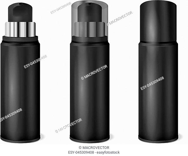 Black aluminium spray cans set with transparent and dark opaque cap on and removed realistic vector illustration