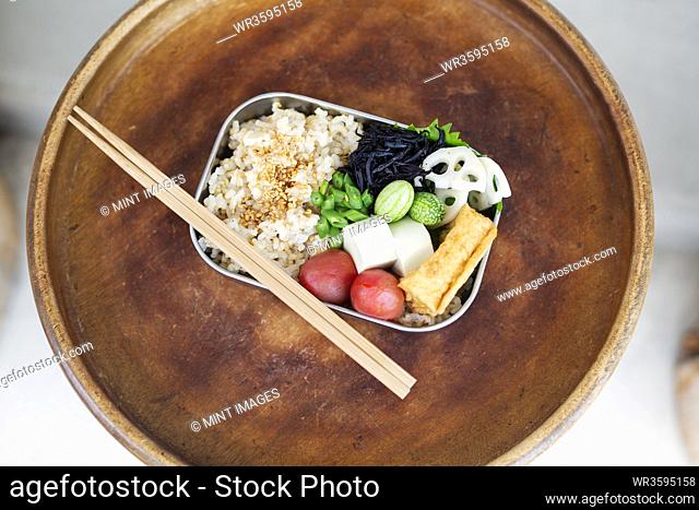 High angle close up of a selection of vegetarian Japanese foods in a cafe