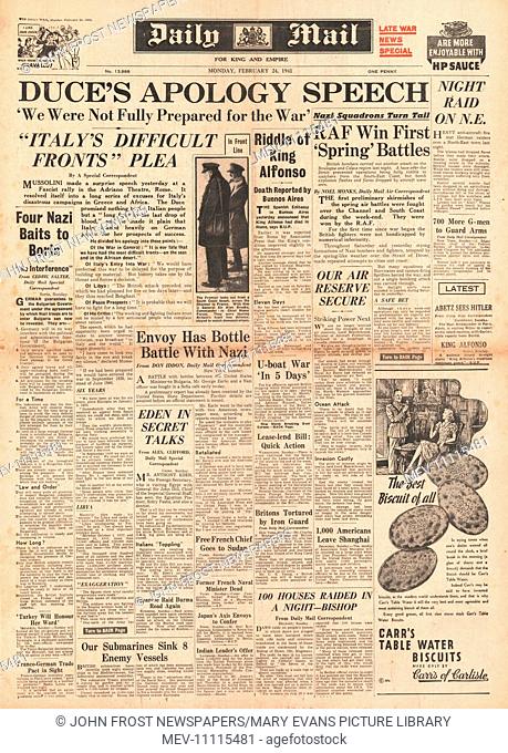 1941 front page Daily Mail Mussolini admits errors and heavy losses