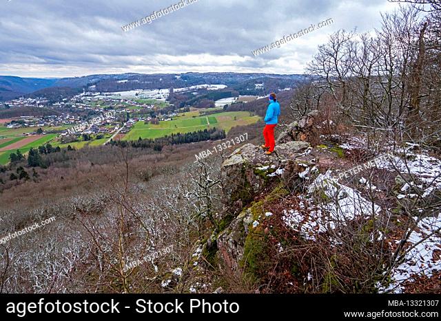Hiker on the Maunert (416 m) near Taben-Rodt, Saar Valley, Saar-Hunsrück Nature Park, Rhineland-Palatinate, Germany