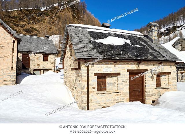 Early spring view of the mountain village of Crampiolo. Baceno Municipality. Province of Verbano-Cusio-Ossola. . Piemonte. Italy