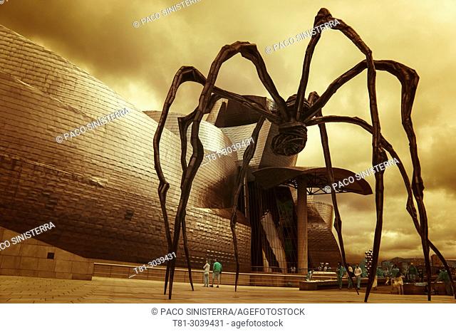 Guggenheim Museum of Art and Maman sculpture. in infrared, Bilbao, Biscay, Spain, Europe