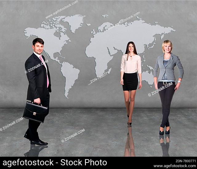 business people team with world map on the wall. Elements of this image furnished by NASA