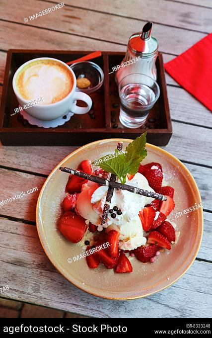 Swabian cuisine, vanilla ice cream with cream and fresh strawberries, fruit, berries, dessert, dessert, sweet, lemon balm, green leaf, chocolate sticks, plate