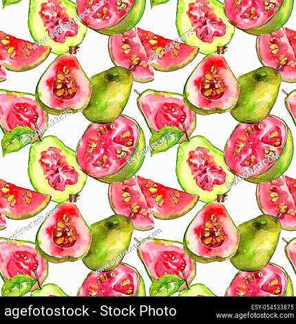 Exotic guava healthy food in a watercolor style pattern. Full name of the fruit: guava . Aquarelle wild fruit for background, texture, wrapper pattern or menu