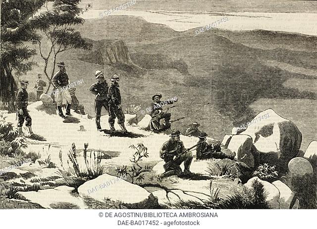 M'naughten's Krantz in the Peri Bush, British soldiers, South Africa, illustration from the magazine The Graphic, volume XVIII, no 465, October 26, 1878