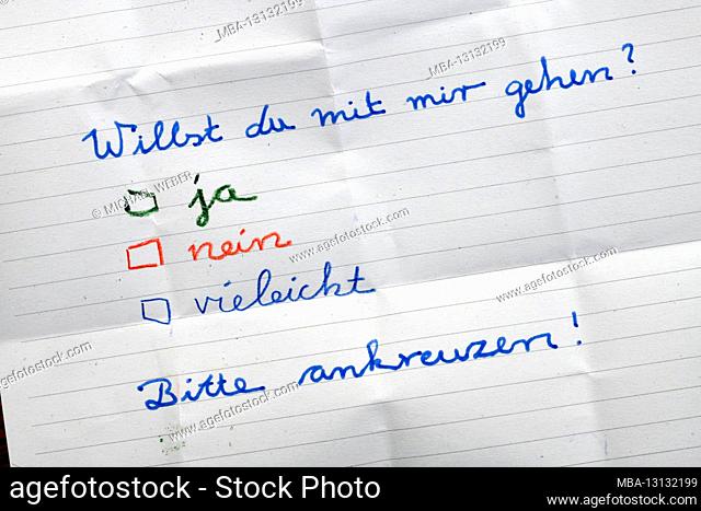 Love note with the question: Do you want to go with me? Please check! Misspellings, Baden-Württemberg, Germany