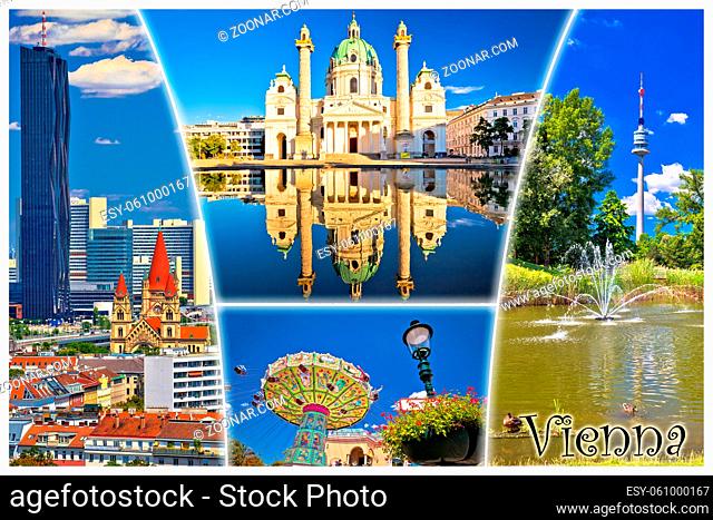 Vienna postcard city architecture and nature view with label, capital of Austria