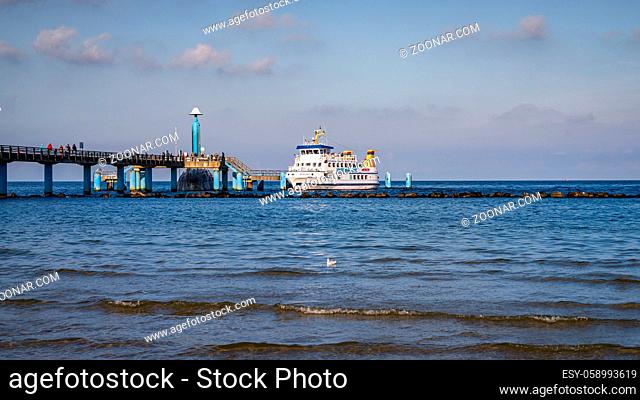 Sellin, Mecklenburg-Western Pomerania, Germany - September 30, 2020: A ferry at the Sellin Pier