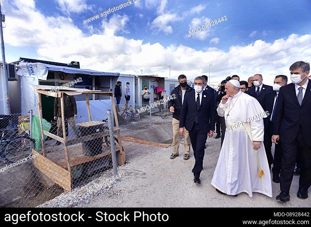 Pope Francis at the Reception and Identification Centre (RIC) in Mytilene on the island of Lesbos on December 5th, 2021. Pope Francis return to the island of...