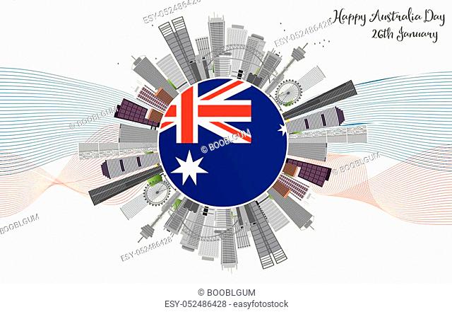 Australia Day Background with Gray Buildings. National Celebration Card with Copy Space and Lines. Vector Illustration