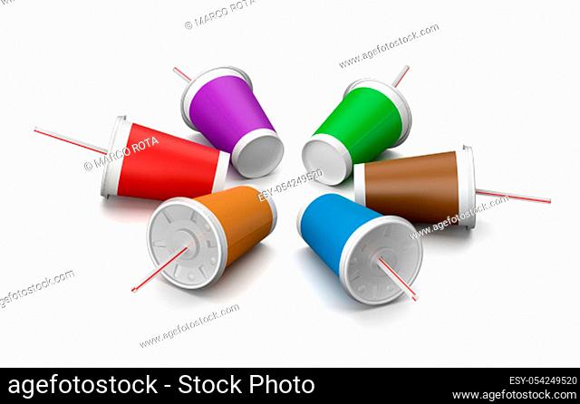 Colorful Fast Food Drinking Cups with Straw on White Background 3D Illustration